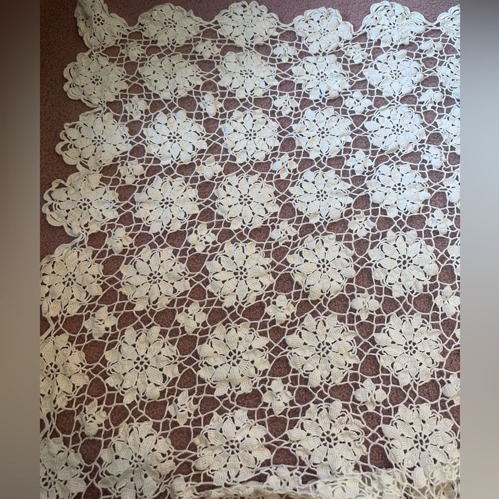 Vintage Hand Crochet Lace Tablecloth Rectangle Size Approx 64” X 82” Floral boho